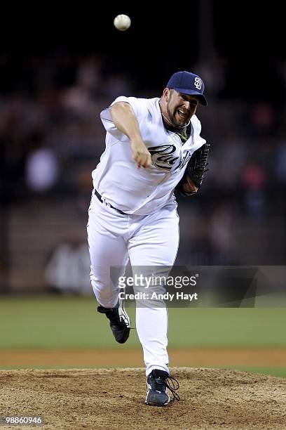 Pitcher Heath Bell of the San Diego Padres throws against the Milwaukee Brewers at Petco Park on Friday, April 30, 2010 in San Diego, California. The...