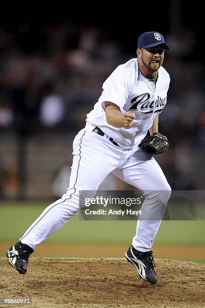 Pitcher Heath Bell of the San Diego Padres throws against the Milwaukee Brewers at Petco Park on Friday, April 30, 2010 in San Diego, California. The...