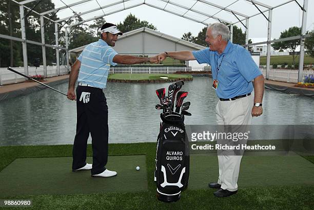 Alvaro Quiros of Spain and Callaway Club Designer, Roger Cleveland launch the new Callaway X-24 Hot irons at the 17th green Experience at THE PLAYERS...