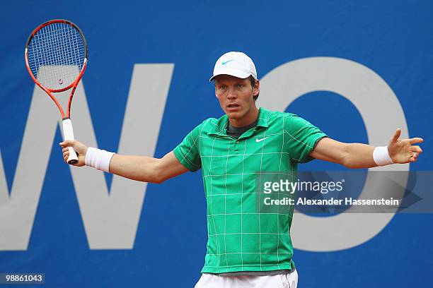 Tomas Berdych of Czech Republic reacts during his match against Pere Riba of Spain at day 4 of the BMW Open at the Iphitos tennis club on May 5, 2010...