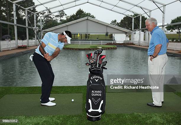 Alvaro Quiros of Spain and Callaway Club Designer, Roger Cleveland launch the new Callaway X-24 Hot irons at the 17th green Experience at THE PLAYERS...