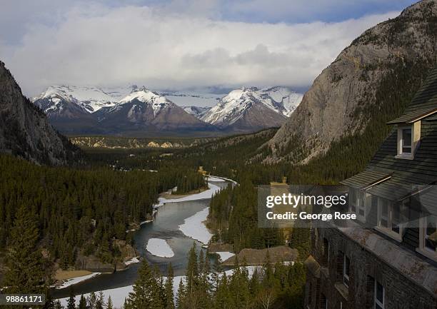 The Bow River Valley is viewed from a balcony at the Fairmont Banff Springs Hotel & Spa as seen in this 2010 Banff Springs, Canada, afternoon photo.