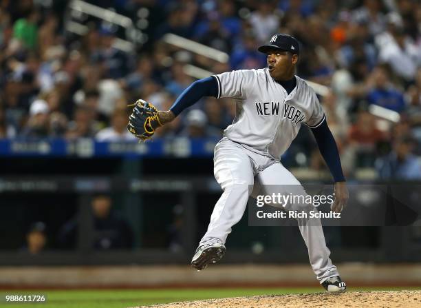 Aroldis Chapman of the New York Yankees in action against the New York Mets during a game at Citi Field on June 9, 2018 in the Flushing neighborhood...