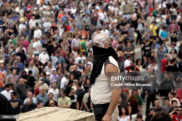 Protesters outside parliament on May 5, 2010 in Athens, Greece. Three people have died after protesters set fire to the Marfin Egnatia Bank in...