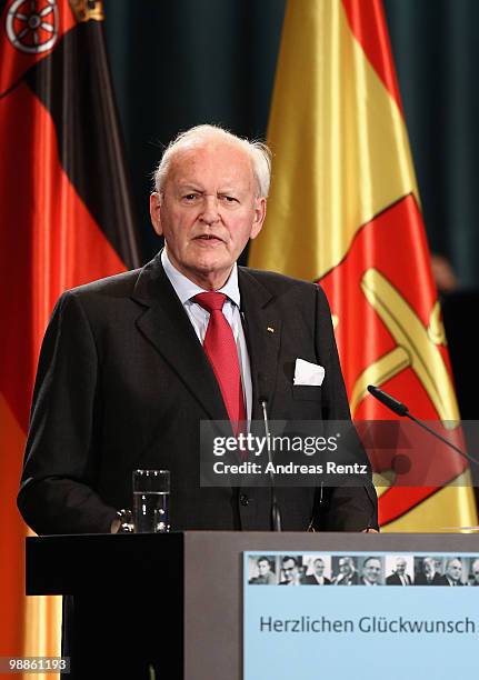 Former German President Roman Herzog addresses guests during an official birthday reception to former German Chancellor Helmut Kohl at the Pfalzbau...