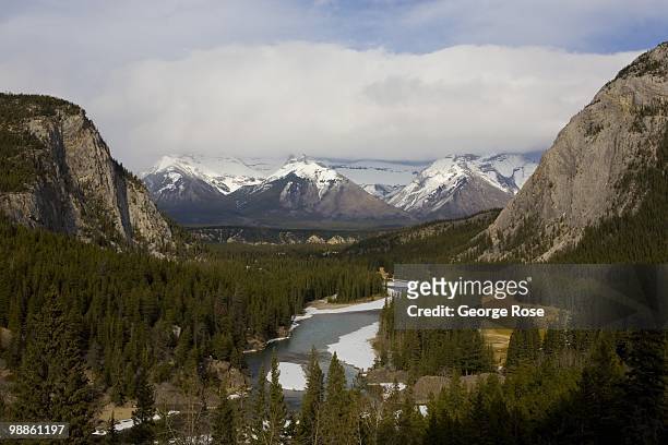 The Bow River Valley is viewed from a balcony at the Fairmont Banff Springs Hotel & Spa as seen in this 2010 Banff Springs, Canada, afternoon photo.