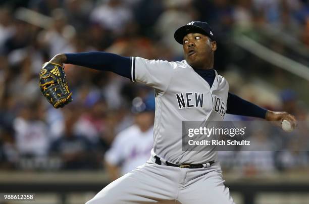 Aroldis Chapman of the New York Yankees in action against the New York Mets during a game at Citi Field on June 9, 2018 in the Flushing neighborhood...