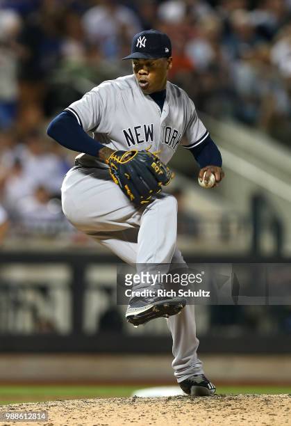 Aroldis Chapman of the New York Yankees in action against the New York Mets during a game at Citi Field on June 9, 2018 in the Flushing neighborhood...