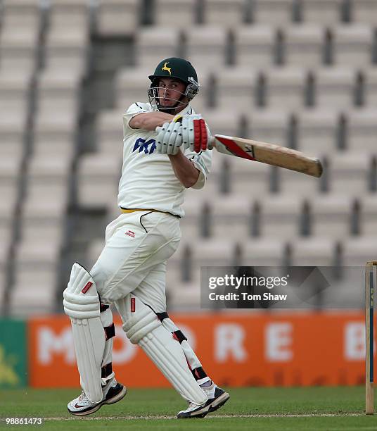 Steven Mullaney of Nottinghamshire hits out during the LV County Championship match between Hampshire and Nottinghamshire at the Rosebowl on May 5,...