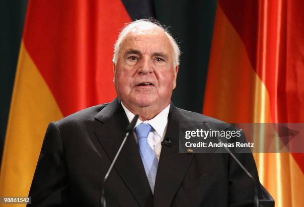 Former German Chancellor Helmut Kohl speaks to the audience during his official birthday reception at the Pfalzbau on May 5, 2010 in Ludwigshafen,...