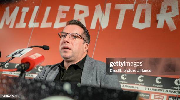 Soccer coach Markus Kauczinski speaks during a press conference at the Millerntor Stadium in Hamburg, Germany, 7 December 2017. Kauczinski was...