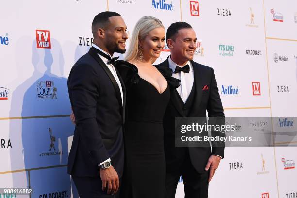 Josh Gibson, Simone Holtznagel and Shannon Noll arrive at the 60th Annual Logie Awards at The Star Gold Coast on July 1, 2018 in Gold Coast,...