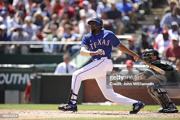 Designated hitter Vladimir Guerrero of the Texas Rangers bats during the game against the Chicago White Sox at Rangers Ballpark in Arlington in...