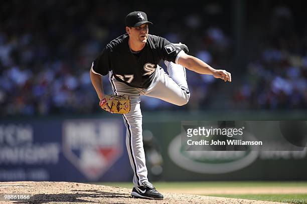 Matt Thornton of the Chicago White Sox pitches during the game against the Texas Rangers at Rangers Ballpark in Arlington in Arlington, Texas on...