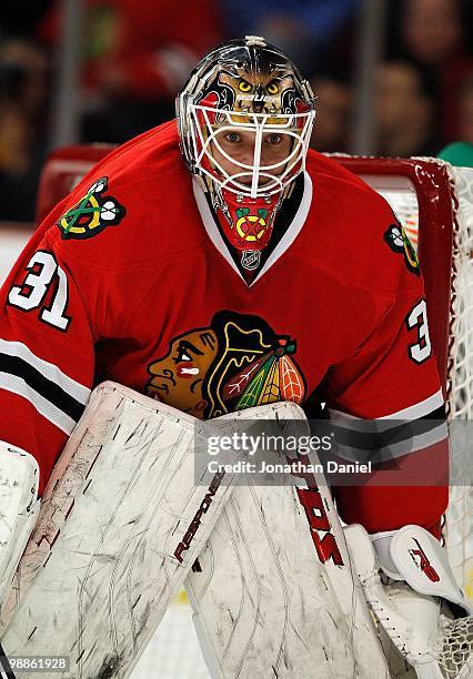 Antti Niemi of the Chicago Blackhawks follows the action against the Vancouver Canucks in Game Two of the Western Conference Semifinals during the...