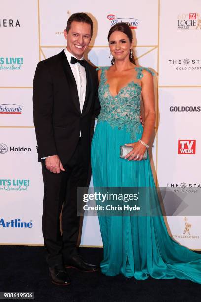 Rove McManus and wife Tasma Walton arrive at the 60th Annual Logie Awards at The Star Gold Coast on July 1, 2018 in Gold Coast, Australia.