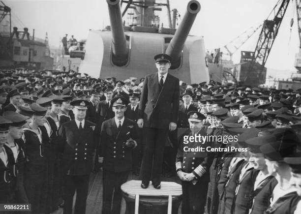 Newly-appointed First Lord of the Admiralty Brendan Bracken addressing the crew of HMAS Australia of the Royal Australian Navy at Plymouth, 10th July...