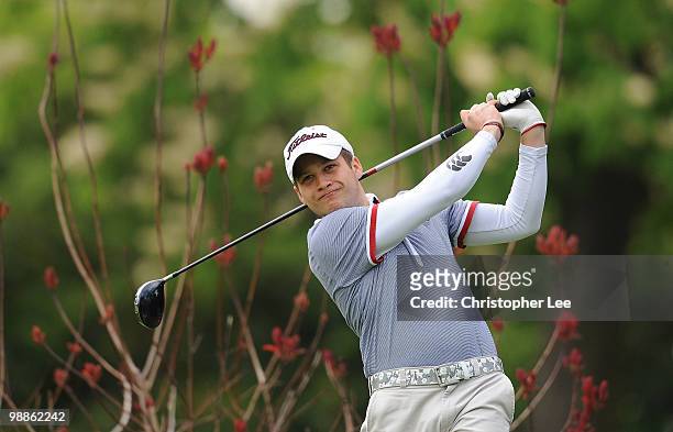 Adam Lewis of Sandy Lodge GC in action during the Powerade PGA Assistants' Championship South Qualifier at Coombe Wood Golf Club on May 5, 2010 in...