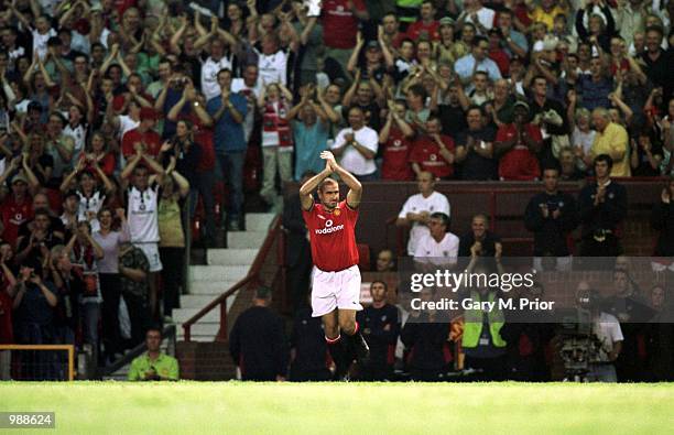 Eric Cantona of Man Utd comes on as sub during the Manchester United v Celtic Ryan Giggs Testimonial match at Old Trafford, Manchester. Mandatory...