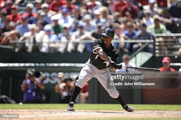 Juan Pierre of the Chicago White Sox bats during the game against the Texas Rangers at Rangers Ballpark in Arlington in Arlington, Texas on Thursday,...