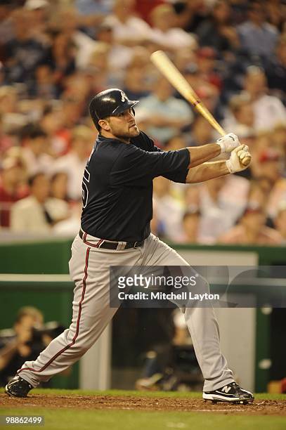 Troy Glaus of the Atlanta Braves takes a swing during a baseball game against the Washington Nationals on May 4, 2010 at Nationals Park in...