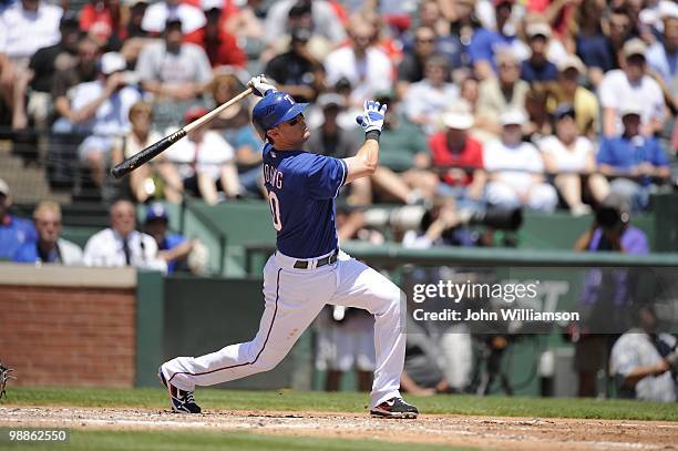 Michael Young of the Texas Rangers bats during the game against the Chicago White Sox at Rangers Ballpark in Arlington in Arlington, Texas on...