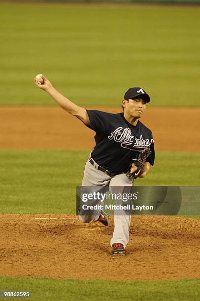 Kenshin Kawakami of the Atlanta Braves pitches during a baseball game against the Washington Nationals on May 4, 2010 at Nationals Park in...