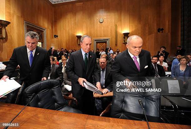 New York City Mayor Michael Bloomberg , New York City Police Commissioner Raymond Kelly and Rep. Peter King, R-NY, arrive for a hearing on...