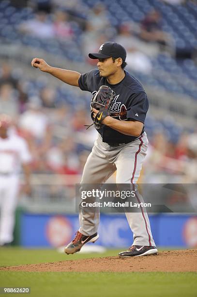 Kenshin Kawakami of the Atlanta Braves pitches during a baseball game against the Washington Nationals on May 4, 2010 at Nationals Park in...