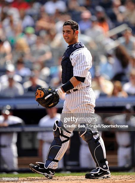 Jorge Posada of the New York Yankees looks on against the Chicago White Sox at Yankee Stadium on May 01, 2010 in the Bronx borough of Manhattan. The...