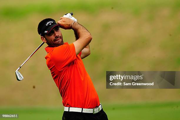 Alvaro Quiros of Spain hits a shot during a practice round prior to the start of THE PLAYERS Championship held at THE PLAYERS Stadium course at TPC...
