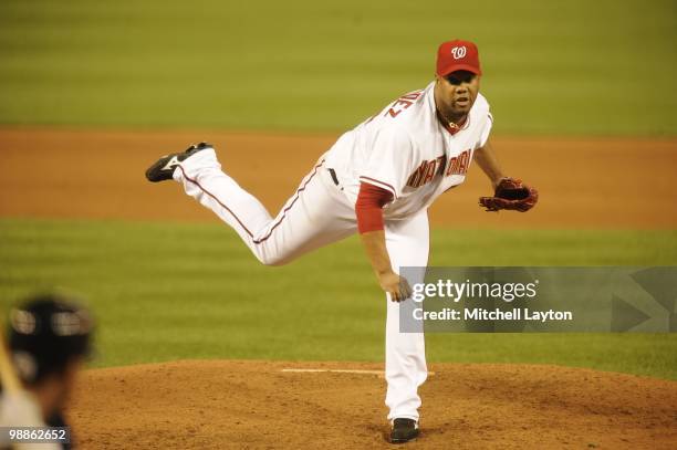 Livan Hernandez of the Washington Nationals pitches during a baseball game against the Atlanta Braves on May 4, 2010 at Nationals Park in Washington,...