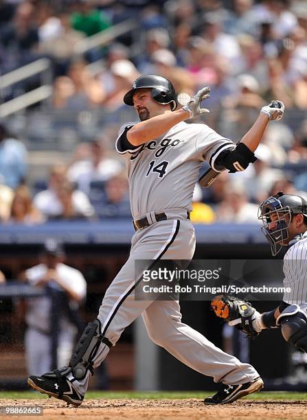 Paul Konerko of the Chicago White Sox bats against the New York Yankees at Yankee Stadium on May 01, 2010 in the Bronx borough of Manhattan. The...