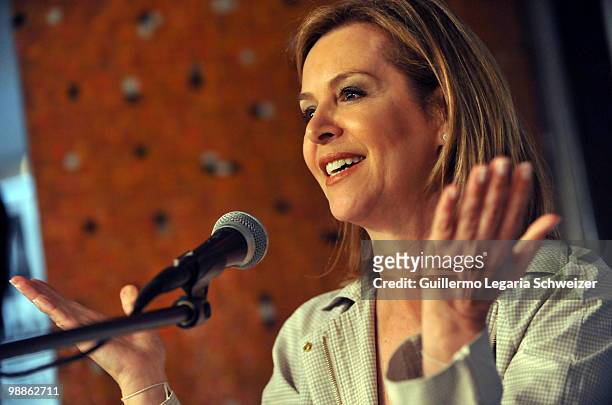 Colombian presidential candidate for the Conservative Party, Noemi Sanin, speaks during a debate organized by an organization of women of its country...