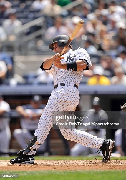 Jorge Posada of the New York Yankees bats against the Chicago White Sox at Yankee Stadium on May 01, 2010 in the Bronx borough of Manhattan. The...