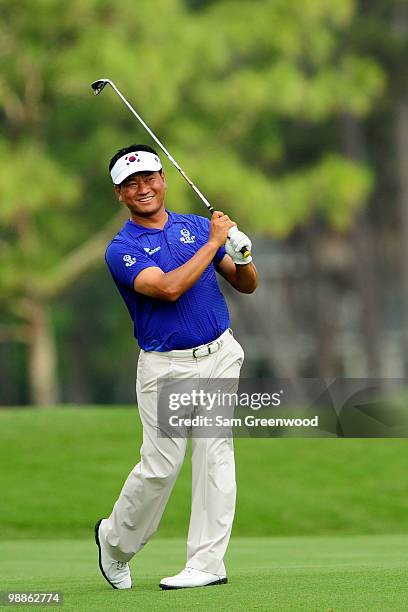 Choi of South Korea hits a shot during a practice round prior to the start of THE PLAYERS Championship held at THE PLAYERS Stadium course at TPC...