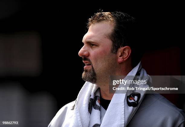 Paul Konerko of the Chicago White Sox looks on against the New York Yankees at Yankee Stadium on May 01, 2010 in the Bronx borough of Manhattan. The...