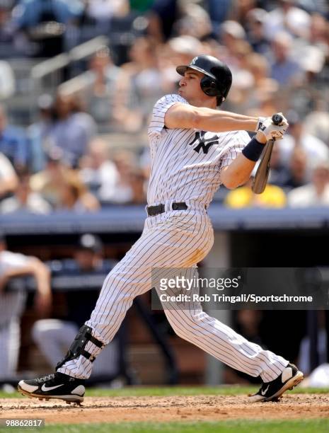 Mark Teixeira of the New York Yankees bats against the Chicago White Sox at Yankee Stadium on May 01, 2010 in the Bronx borough of Manhattan. The...