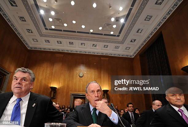 New York City Mayor Michael Bloomberg , New York City Police Commissioner Raymond Kelly and Rep. Peter King, R-NY, sit for a hearing on "Terrorists...