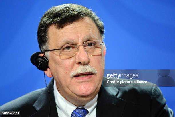 Chairman of the Presidential Council of Libya and Prime Minister of the Government of National Accord, Fayez al-Sarraj, speaks during a press...
