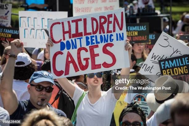 Lauren Unterberger from Wilmington, DE, protests against family separation in Lafayette Square in Washington, DC, June 30, 2018.