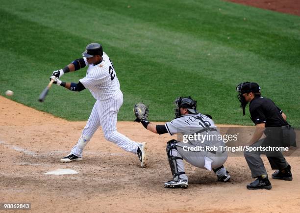 Robinson Cano of the New York Yankees bats against the Chicago White Sox at Yankee Stadium on May 01, 2010 in the Bronx borough of Manhattan. The...