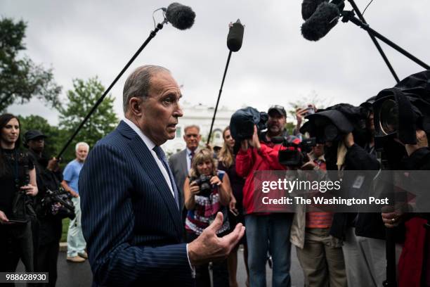 White House National Economic Council Director Larry Kudlow speaks speaks to reporters on the North Lawn of the White House on Wednesday, June 27,...