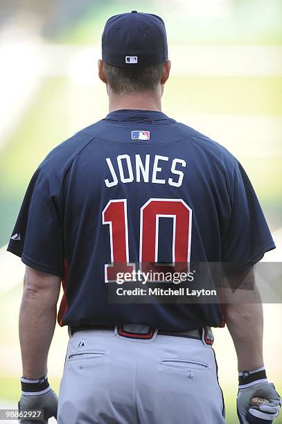 Chipper Jones of the Atlanta Braves looks on before a baseball game against the Washington Nationals on May 4, 2010 at Nationals Park in Washington,...