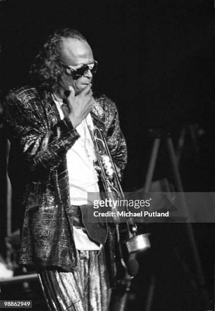 American jazz trumpeter and composer Miles Davis performing at Wembley Conference Centre, London, 16th November 1986.