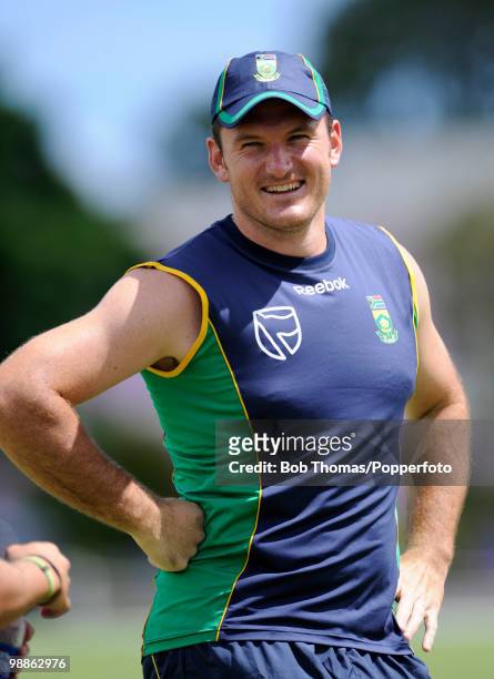 Graeme Smith of South Africa looks on during net practice at the 3W Oval on May 4, 2010 in Bridgetown, Barbados..