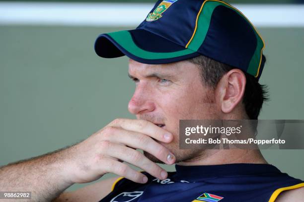 Graeme Smith of South Africa looks on during net practice at the 3W Oval on May 4, 2010 in Bridgetown, Barbados..