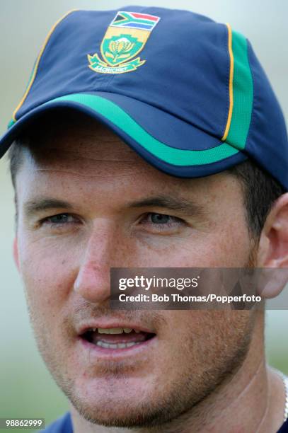 Graeme Smith of South Africa looks on during net practice at the 3W Oval on May 4, 2010 in Bridgetown, Barbados..