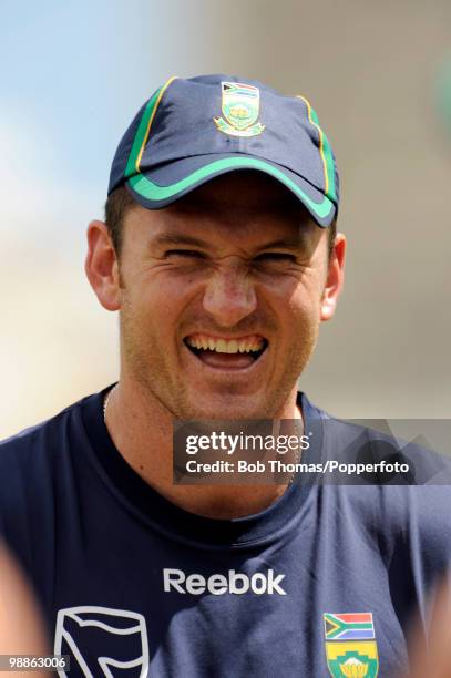 Graeme Smith of South Africa looks on during net practice at the 3W Oval on May 4, 2010 in Bridgetown, Barbados..