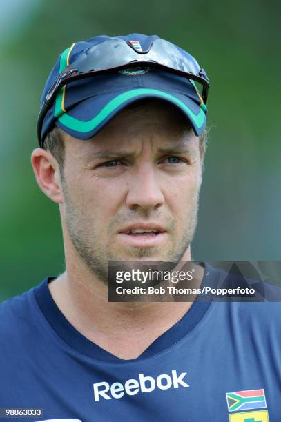 De Villiers of South Africa looks on during net practice at the 3W Oval on May 4, 2010 in Bridgetown, Barbados..